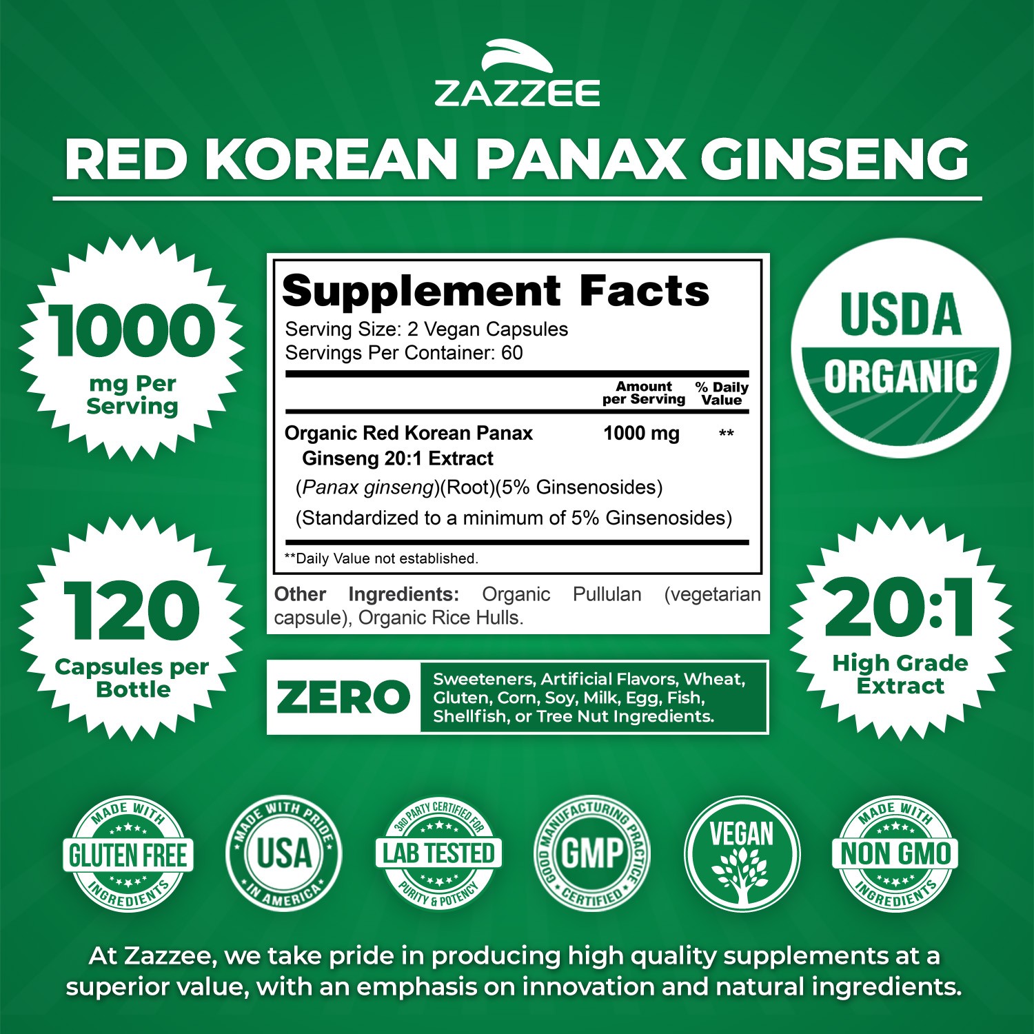 USDA Organic Extra Strength Red Korean Panax Ginseng, 8000 mg Strength
