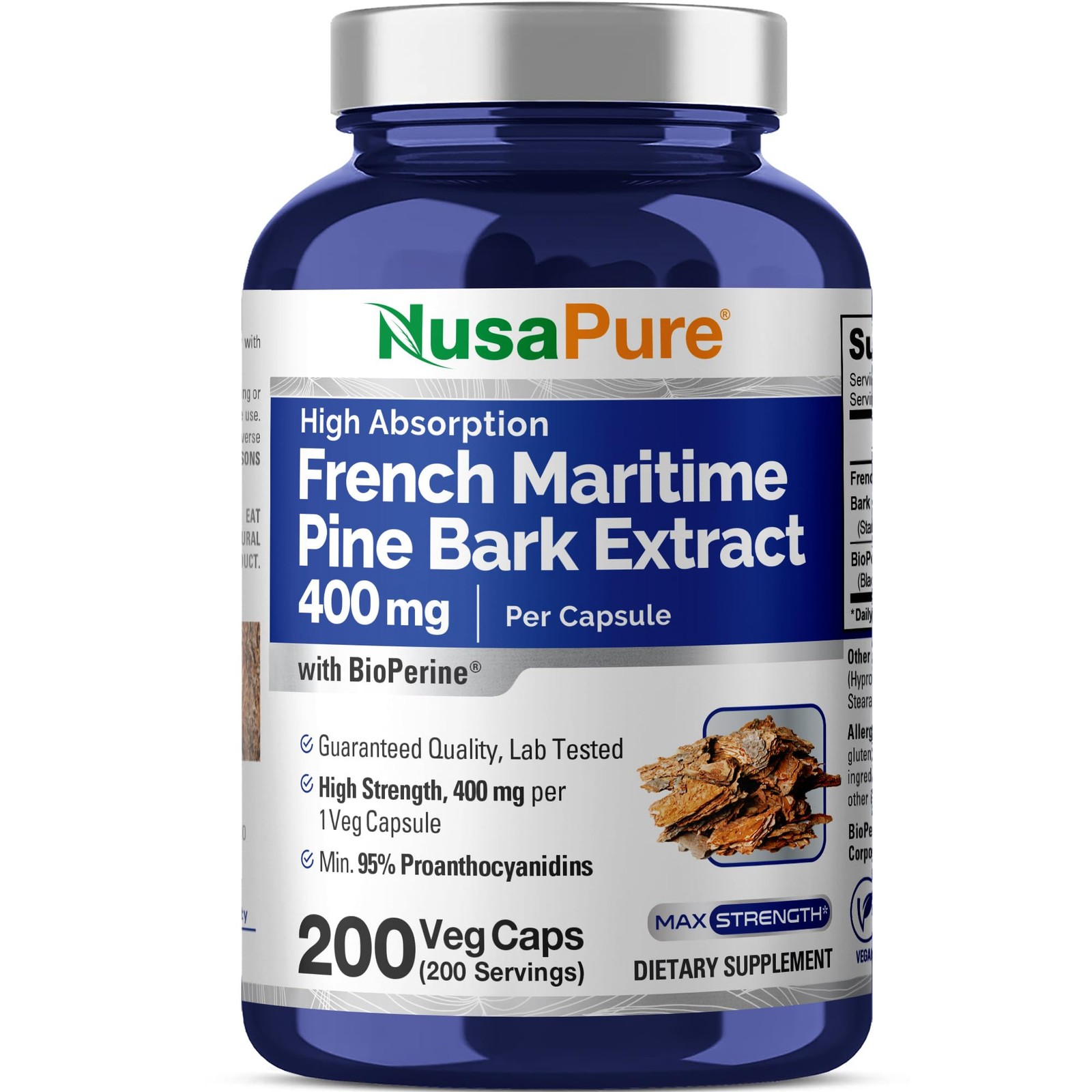 French Maritime Pine Bark Extract 400mg – 200 Veggie Caps with Bioperine