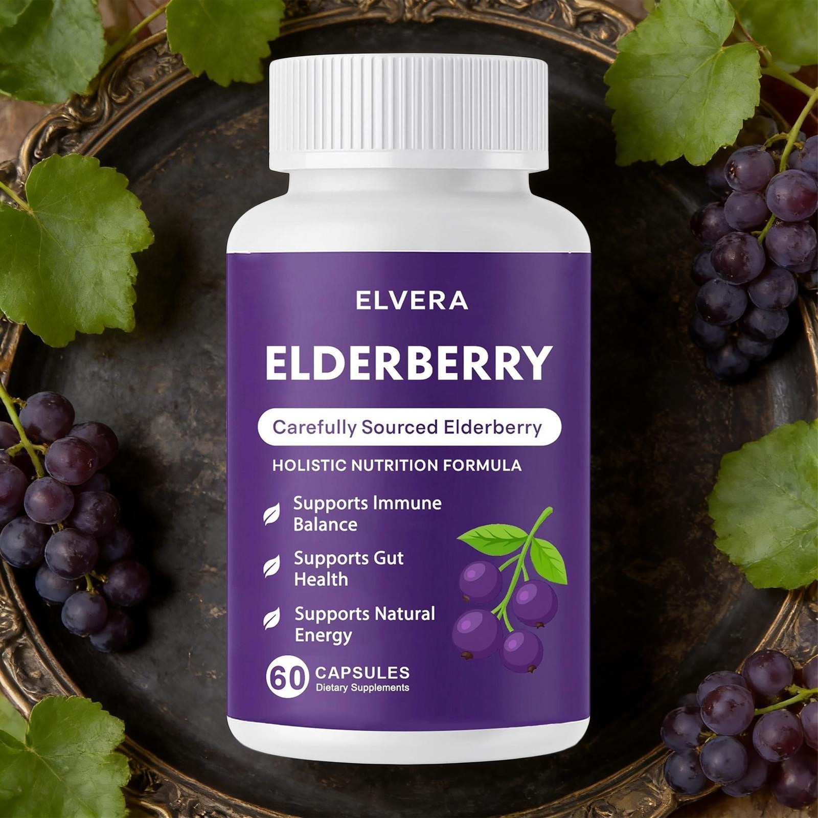 1-3x Elvera Elderberry Gut Support Complex – Natural Black Elderberry Capsules