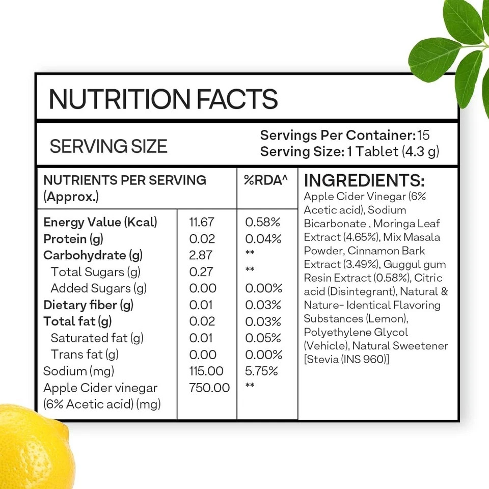 OZiva ACV Moringa Tablets Effervescent Lemon Masala 30 Tablets 2 Pack