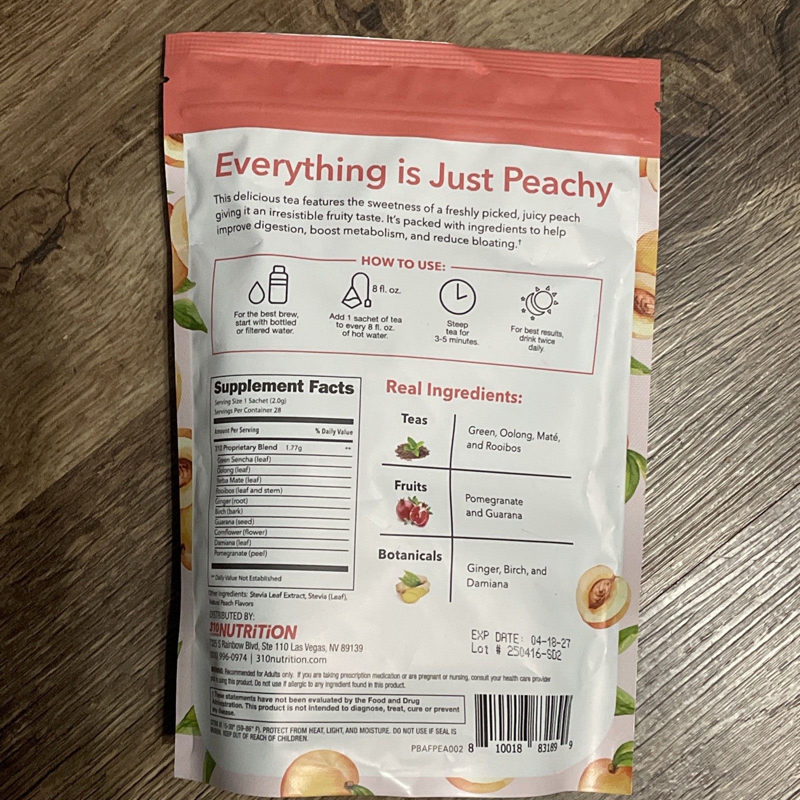 310 Nutrition Peach Tea 28 Count Sachets Exp 4/2027