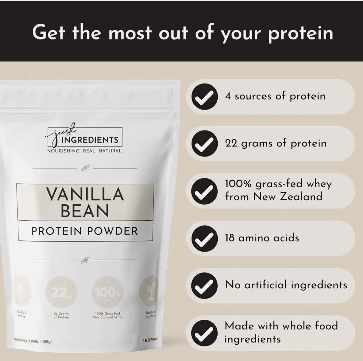 Just Ingredients Vanilla Protein Powder | 22g Protein 15 Servings Grass-Fed Whey