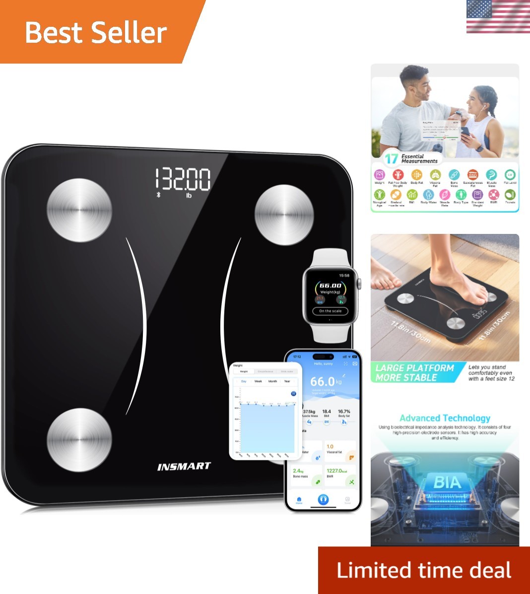 Smart Scale for Body Weight,Accurate Digital Bathroom Scale,12×12 inches Larg…
