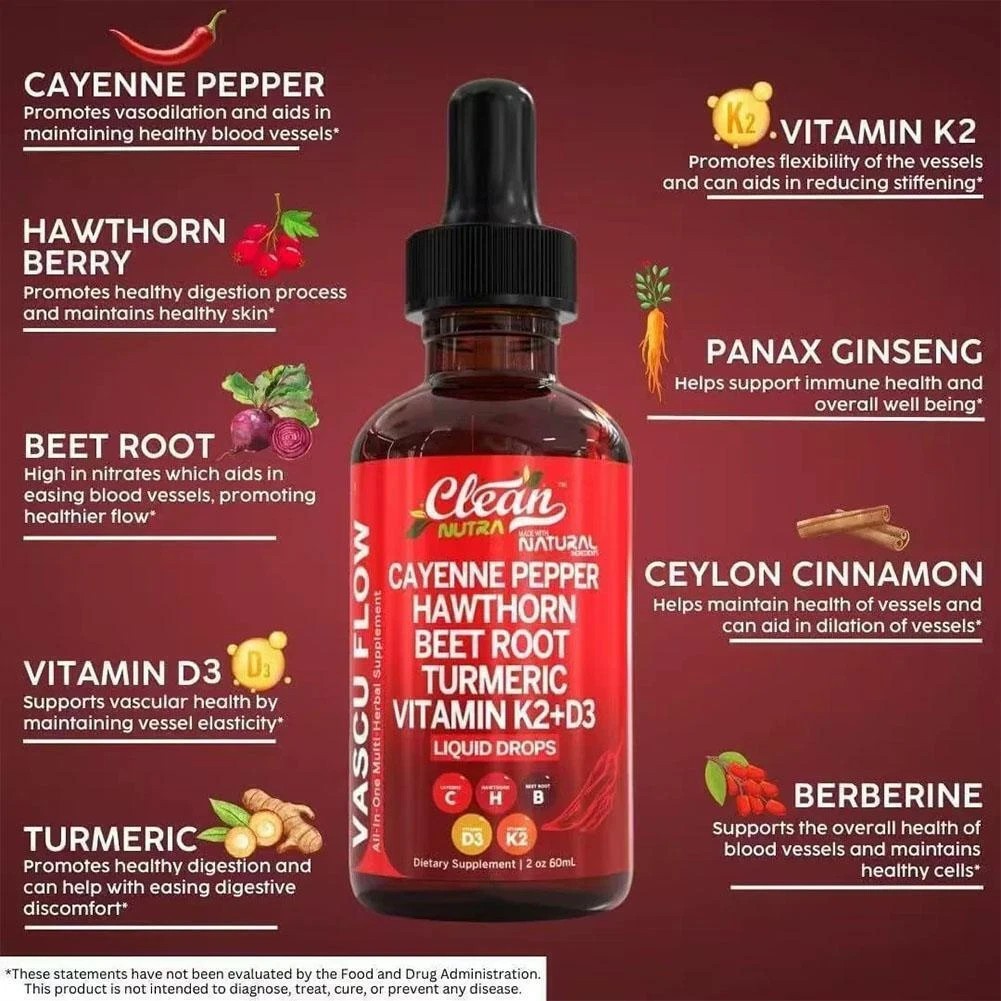 Cayenne Pepper Hawthorn Beet Root Turmeric Vitamin K2+D3 Liquid Drops 60ML-3pc
