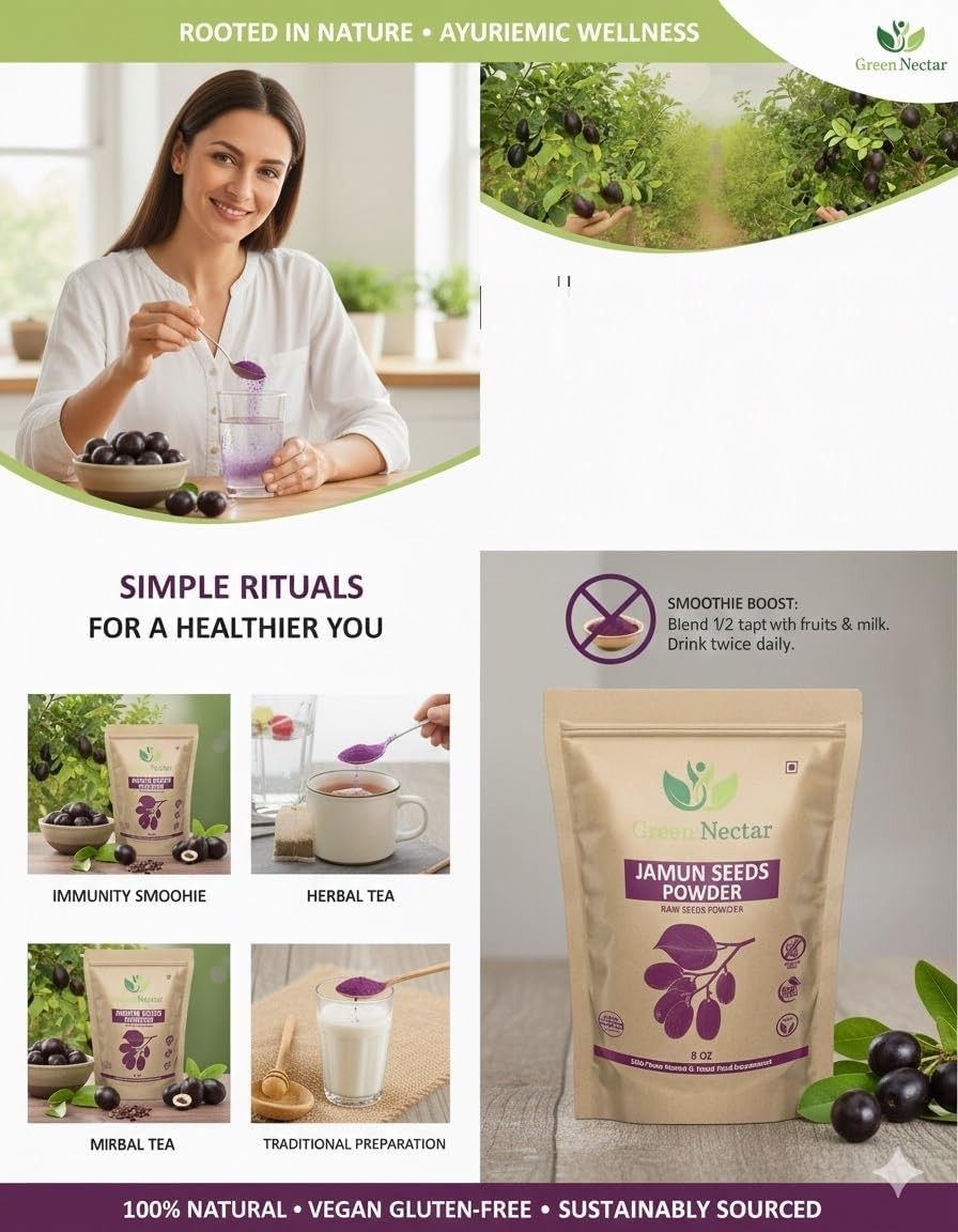 Green Nectar Jamun Seed Powder 8 oz (Pack of 3) 100% Pure Syzygium Cumini Jambul