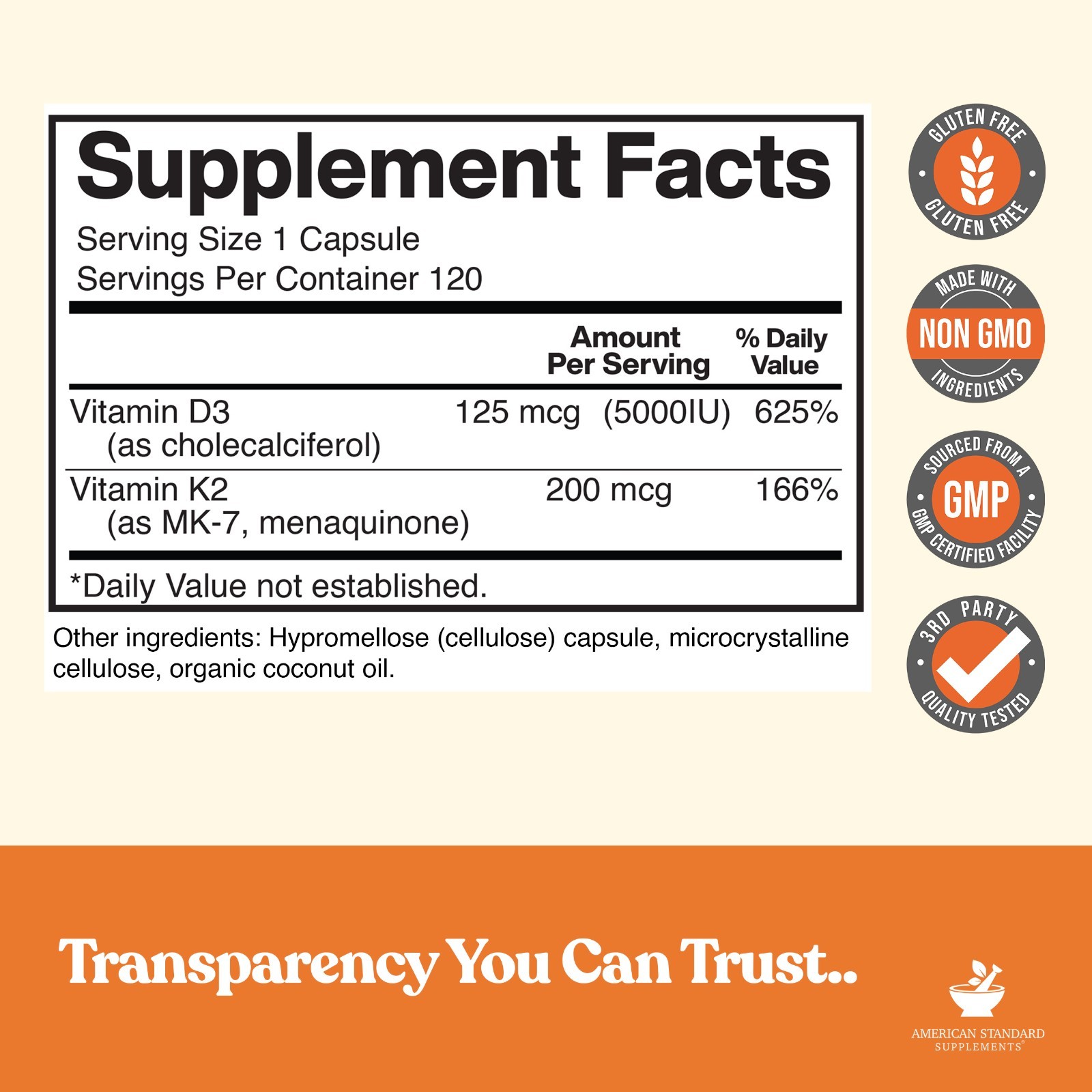 Vitamin D3 5000IU plus Vitamin K2 as MK-7 200mcg , 120 Veggie Caps, 120 Servings