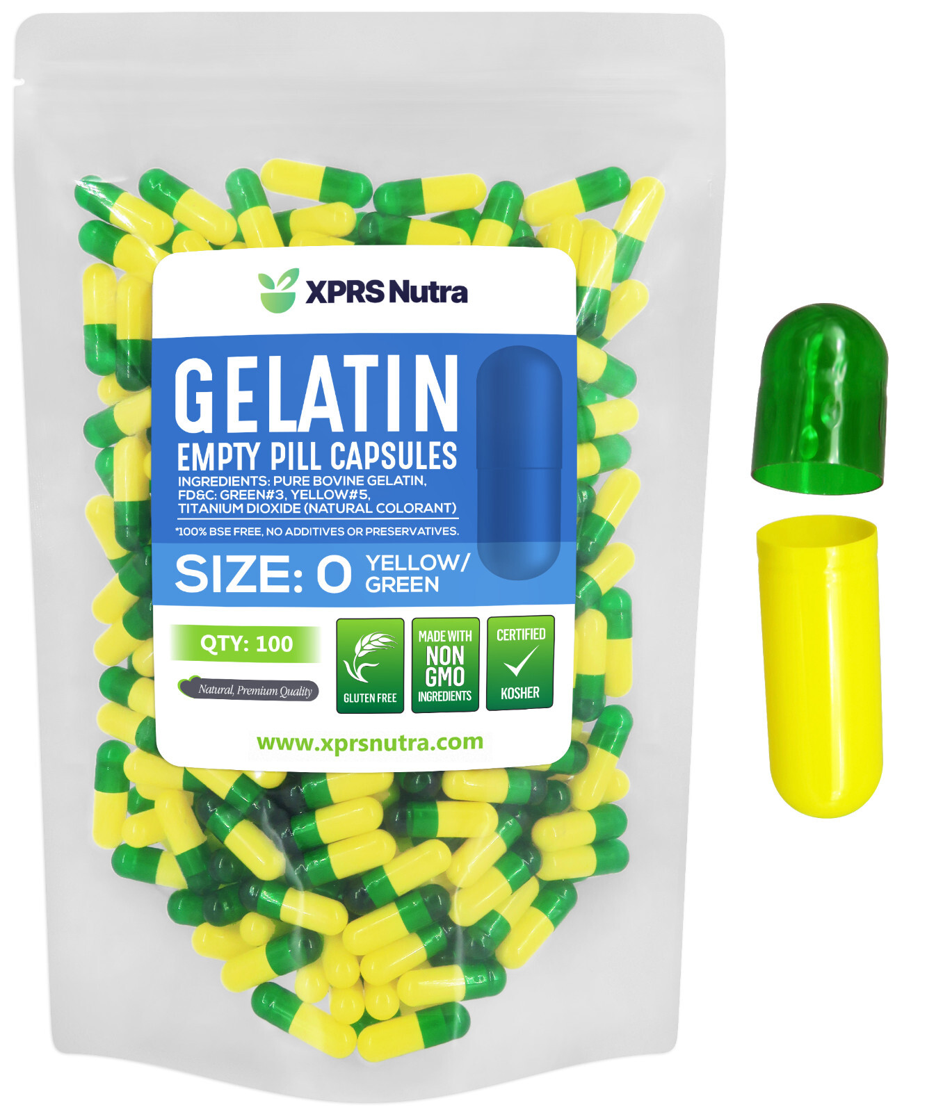Size 0 Green/Yellow Empty Gelatin Capsules Gelcaps Pills Kosher Caps