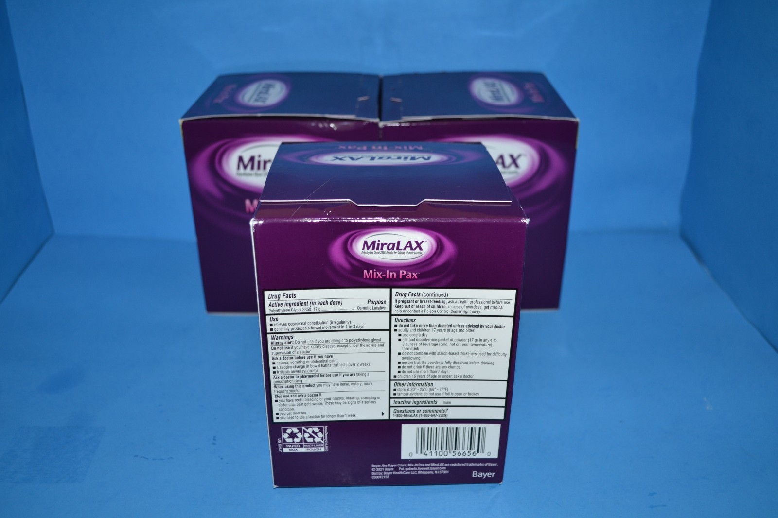 (3) MiraLAX, Mix-In Pax, Grit Free, Unflavored, 20 Packets 0.5 oz Each, 04/2027