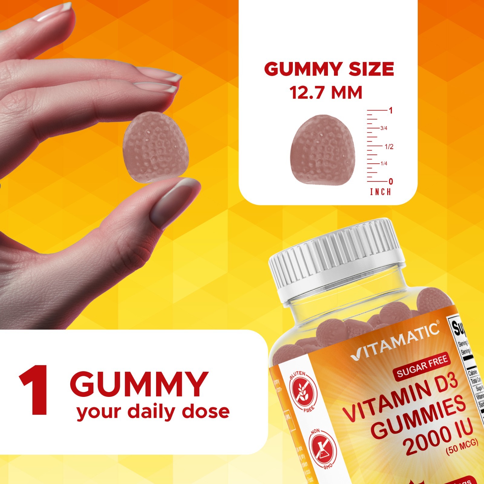 Vitamatic Sugar Free Vitamin D3 (2000 IU) – 120 Pectin Based Gummies.