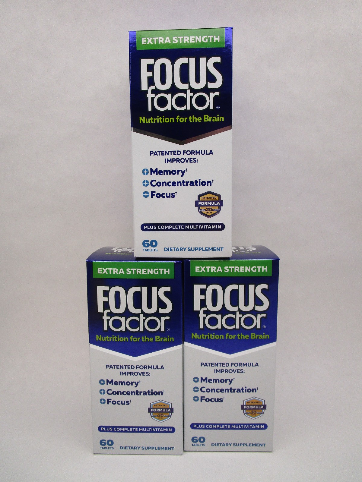3 x Focus Factor Extra Strength Multivitamin Brain Health 60 Count Bottle 2/28