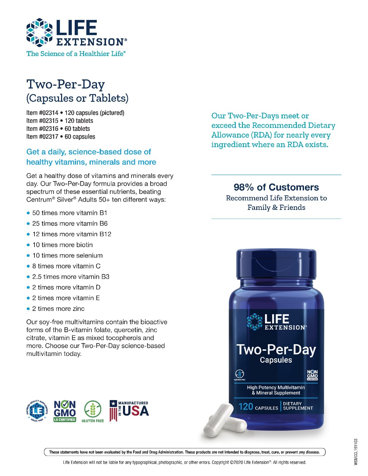 Life Extension Two-Per-Day High Potency Multivitamin 120 caps. 2-PK.