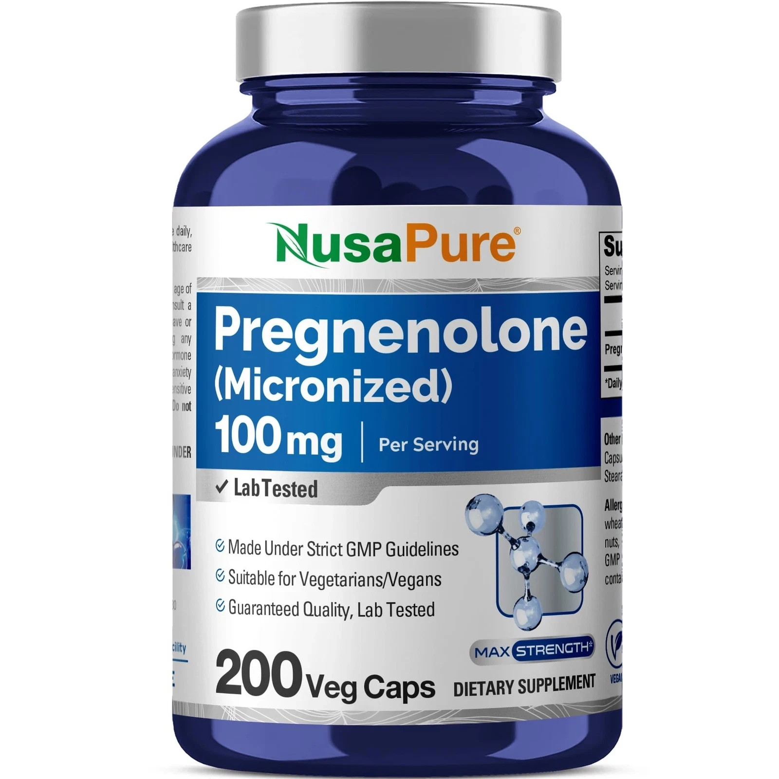 NusaPure Pregnenolone (Micronized) 100 mg Per Serving – Non GMO – Vegan – 200ct.