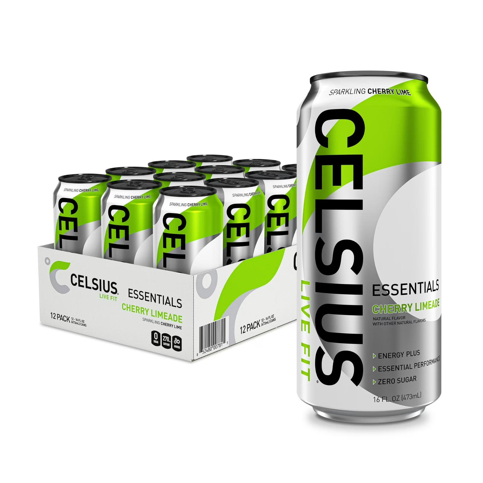 CELSIUS Essentials Sparkling Cherry Limeade 16oz 12 Pack Zero Sugar Energy