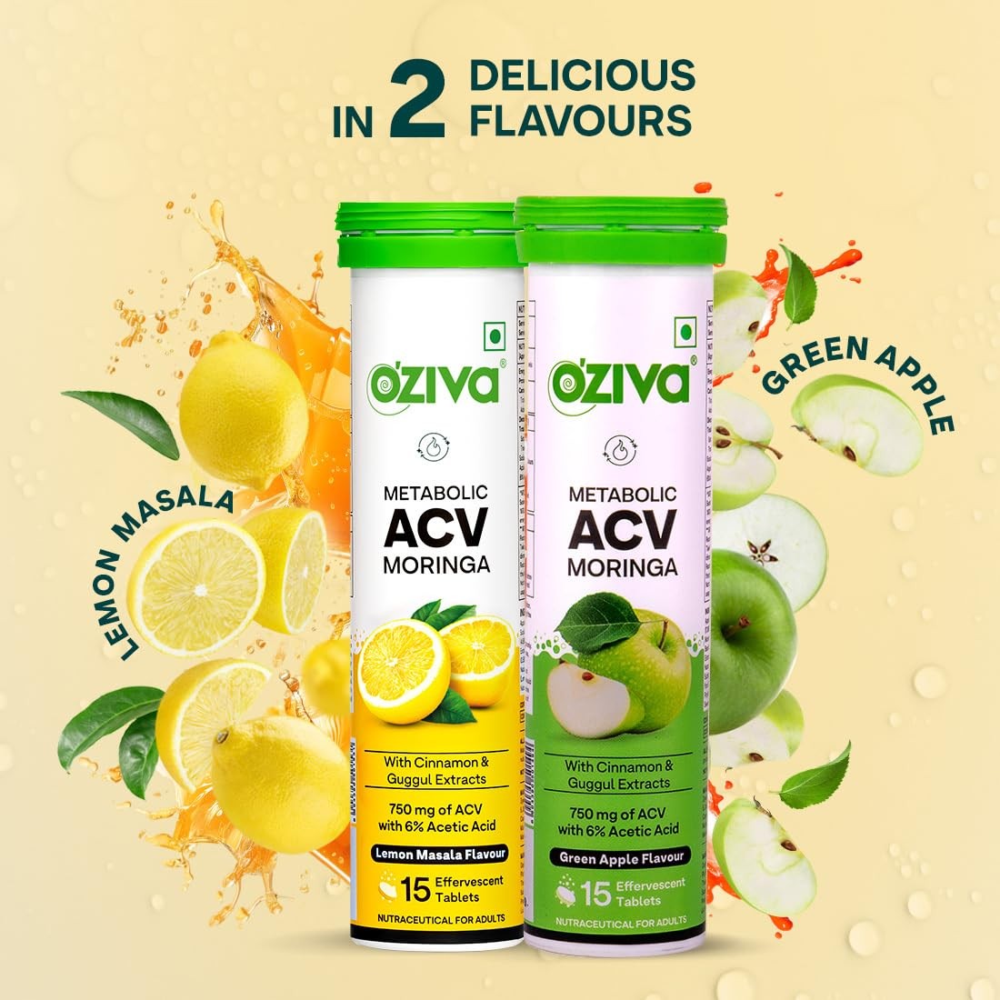 OZiva ACV Moringa Effervescent Lemon Masala, Pack of 4 (60 Tablets)