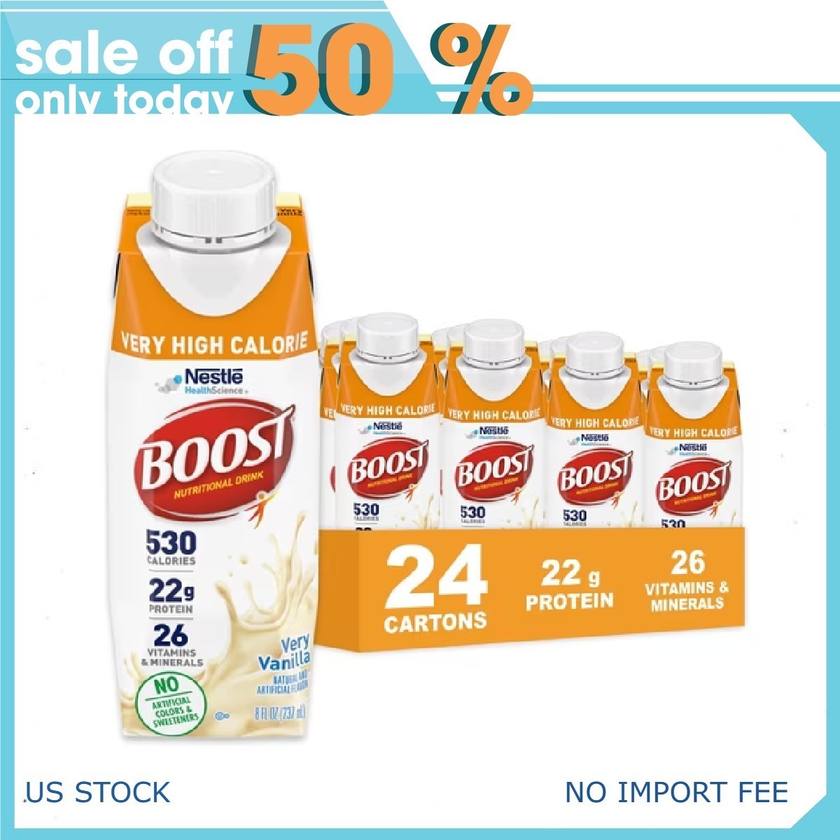 BOOST Very High Calorie Nutritional Protein Drink, Very Vanilla, 8 fl oz, 24Pack