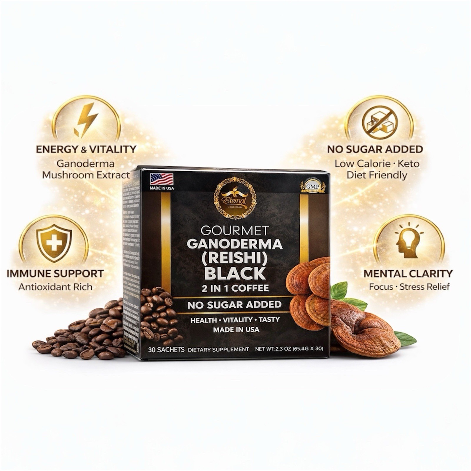 Instant Ganoderma Reishi Black Coffee Mushroom Coffee Energy Drink 20 Sachets
