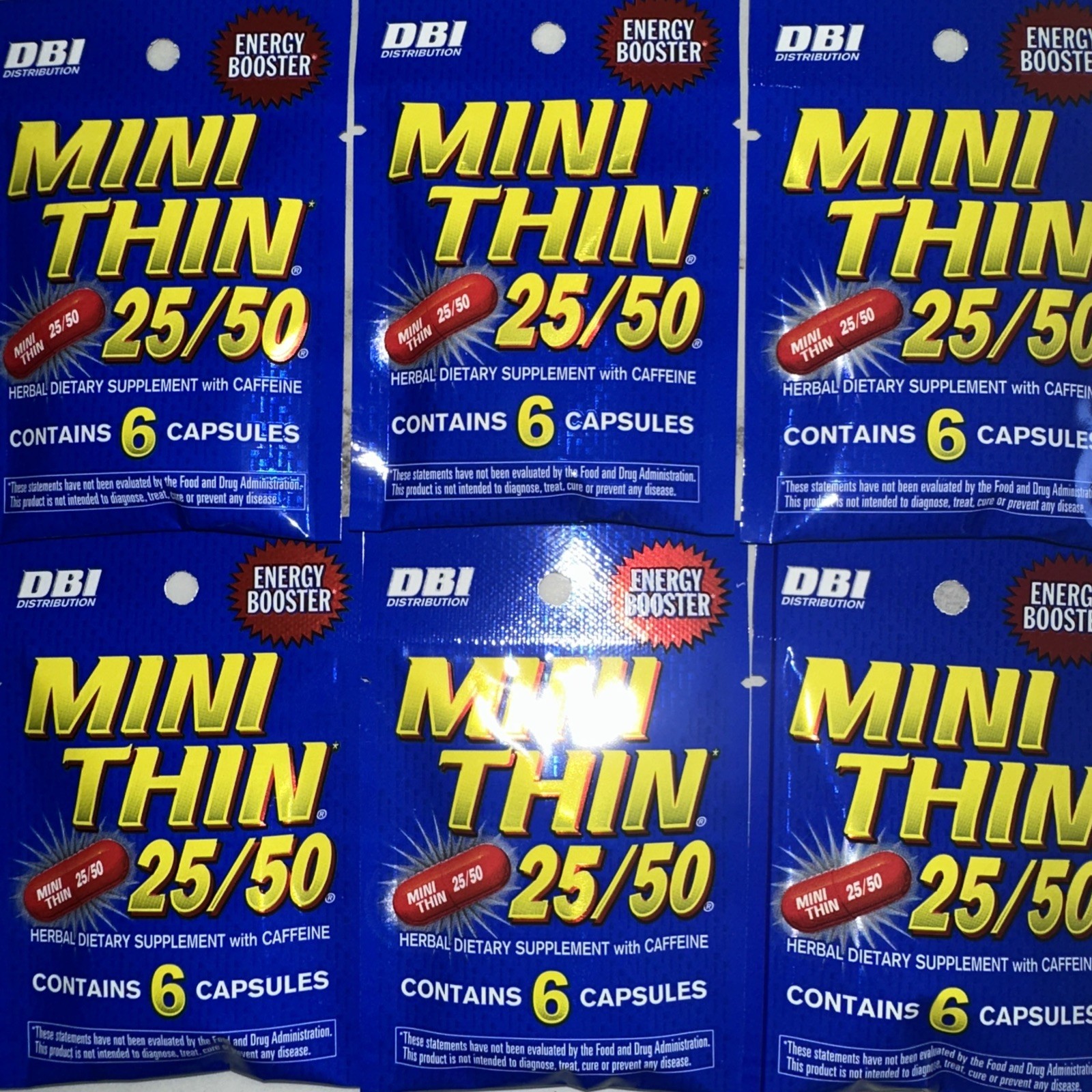 Mini Thin 25/50 Energy 6 PACKS Weight Loss Caffeine 6 Capsules 36 Pills