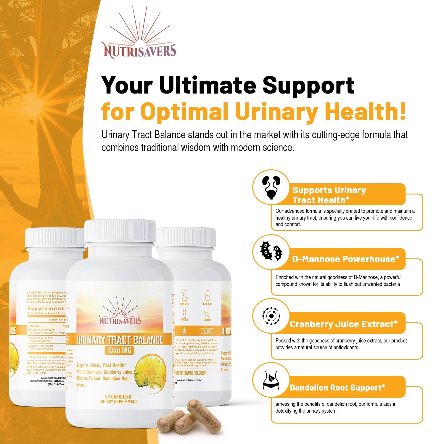 Urinary Tract Balance 1350mg D-Mannose Dietary Supplement – 120 Capsules