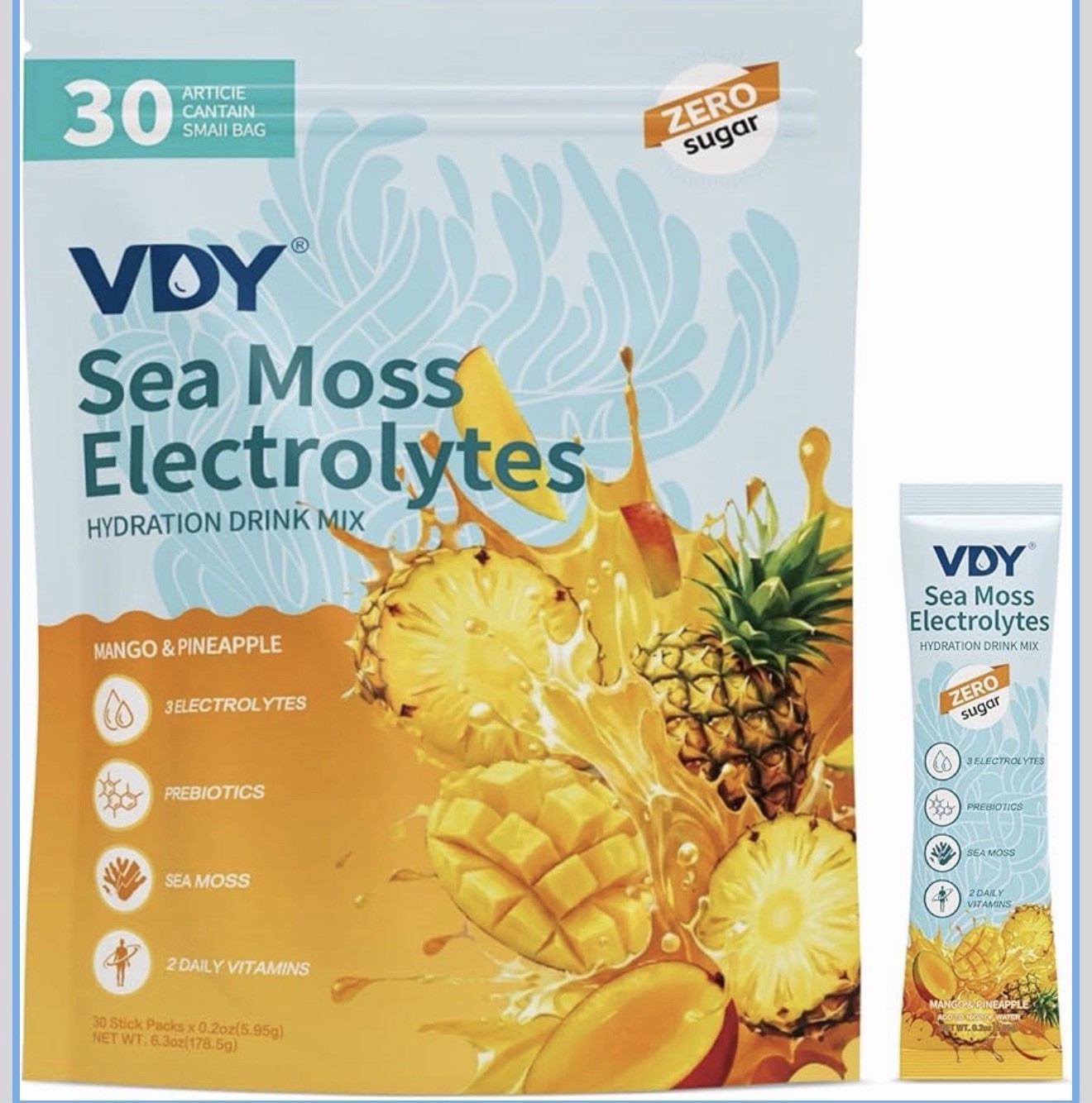 VOY Sea Moss Electrolyte Hydration Drink Mix Mango Pineapple 30 Sticks, Vegan