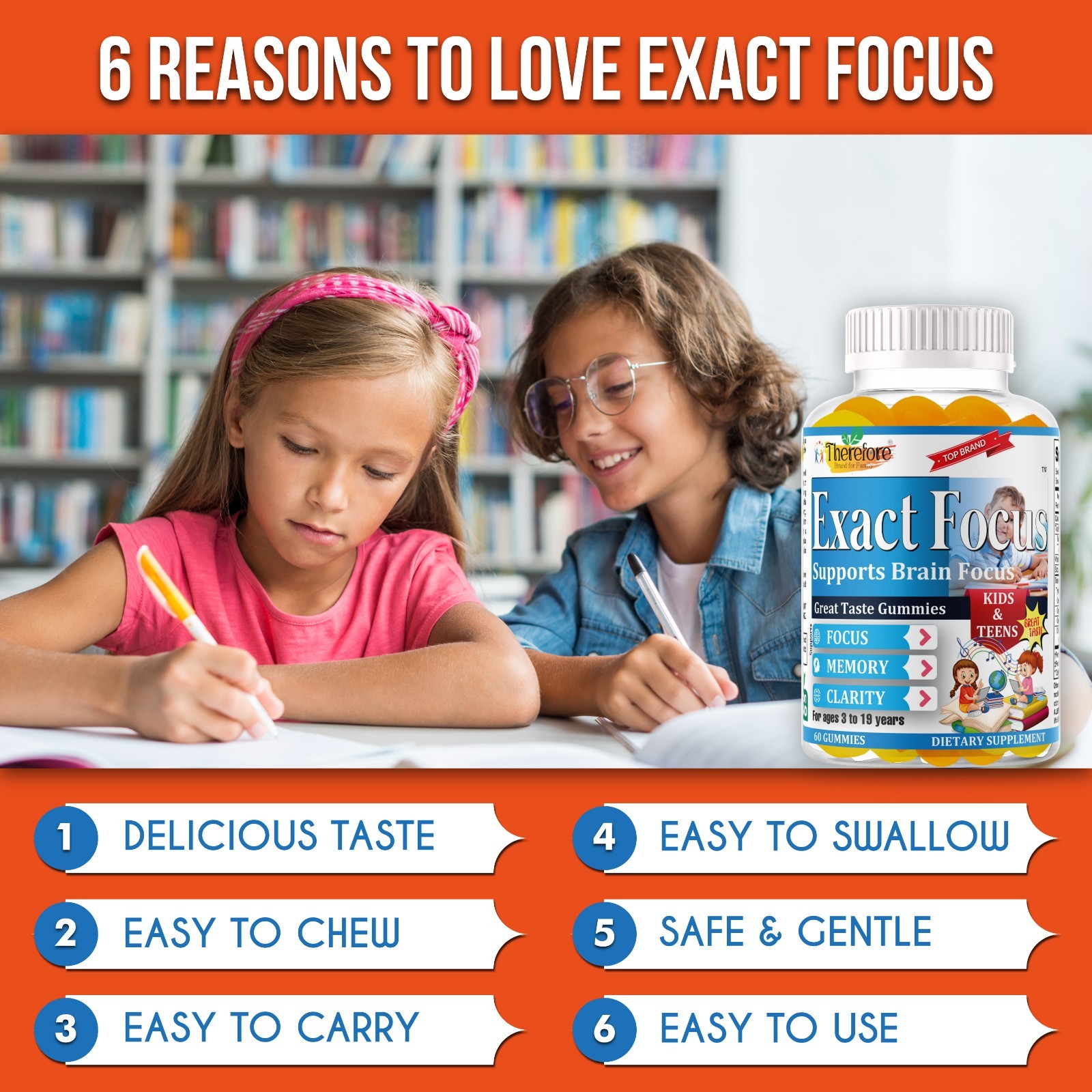 Exact Focus Brain Vitamins for Kids & Teens, Cognitive Clarity Supplement-60ct