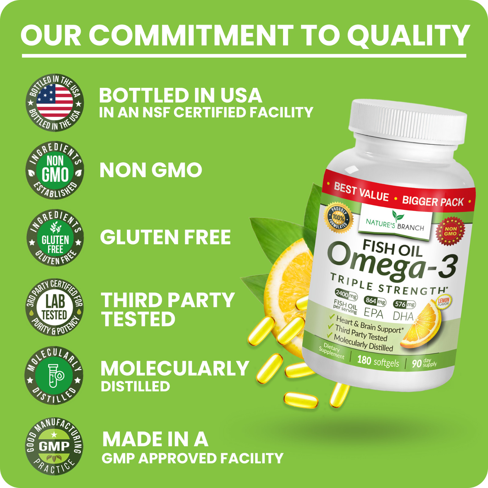 BEST Triple Strength Omega 3 Fish Oil Pills (3 MONTH SUPPLY) 2400mg HIGH POTENCY