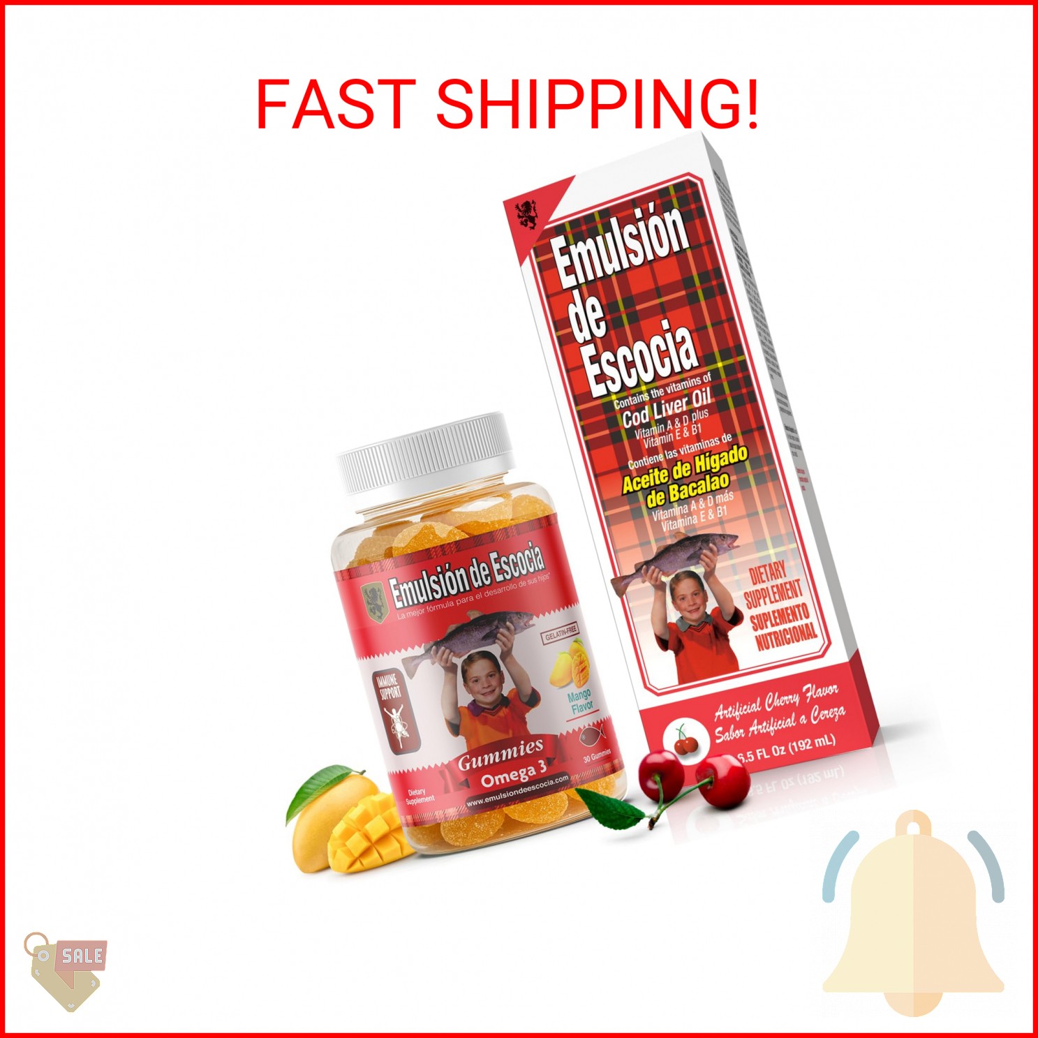 Emulsion de Escocia Kids Immune Bundle – Cherry Cod Liver Oil 6.5 Fl Oz + Omega-