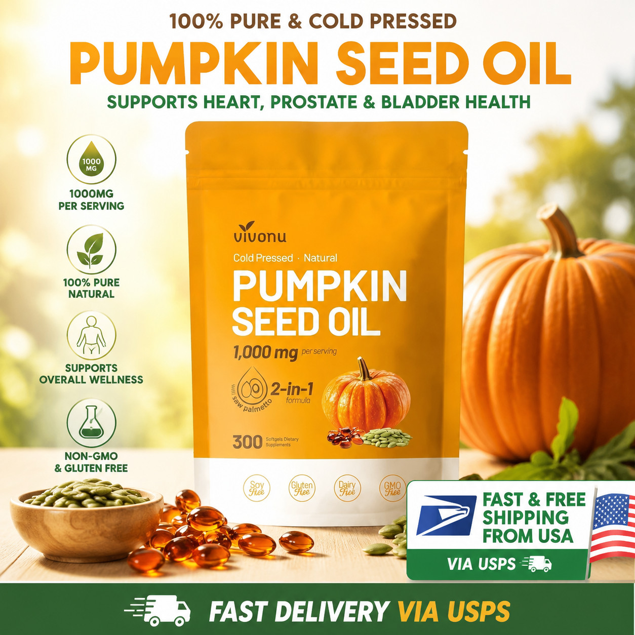 Organic Pumpkin Seed Oil Saw Palmetto Softgel 1000mg High Potency Formula