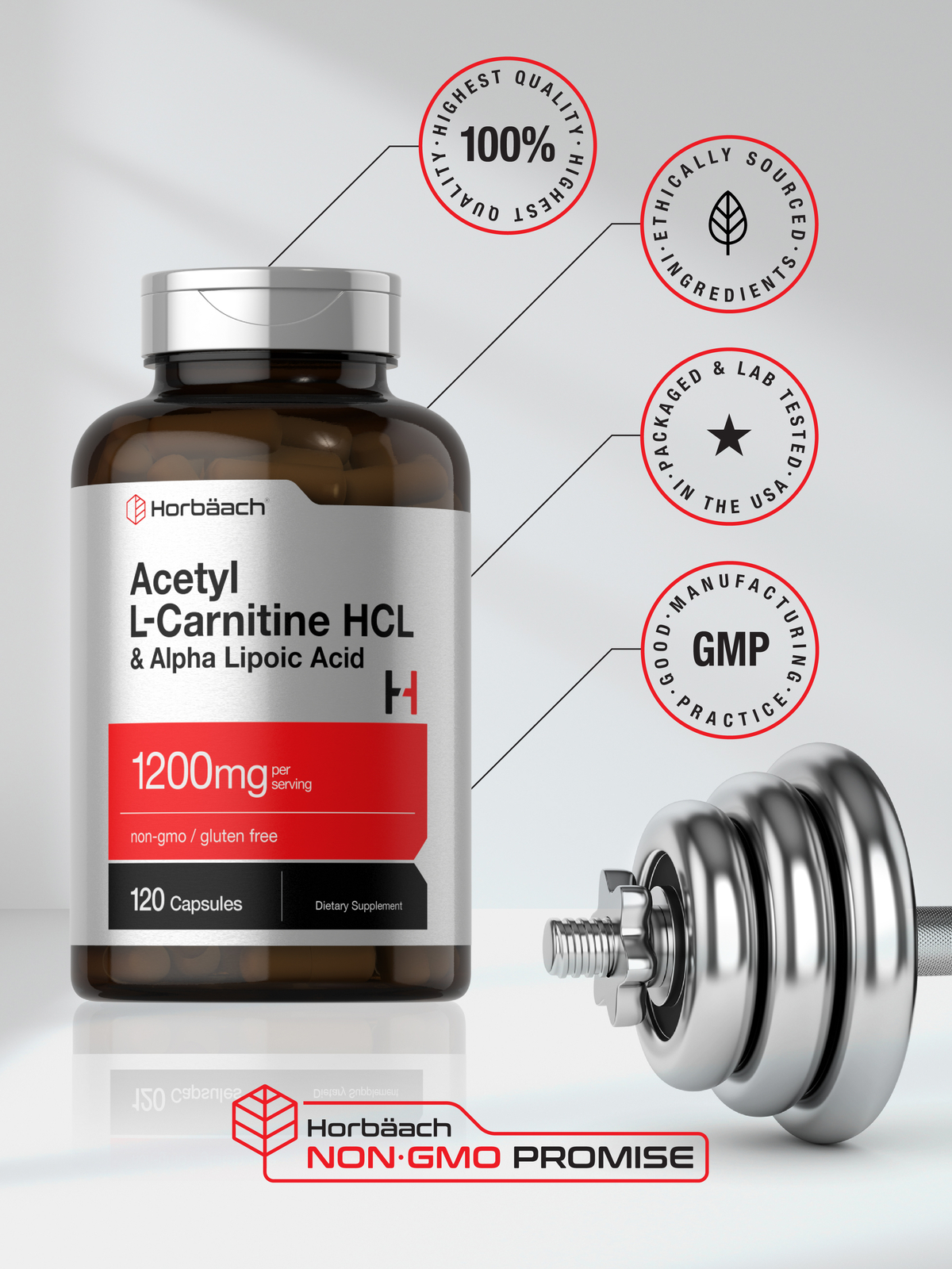Acetyl L Carnitine HCL & Alpha Lipoic Acid 1200mg | 120 Capsules | by Horbaach