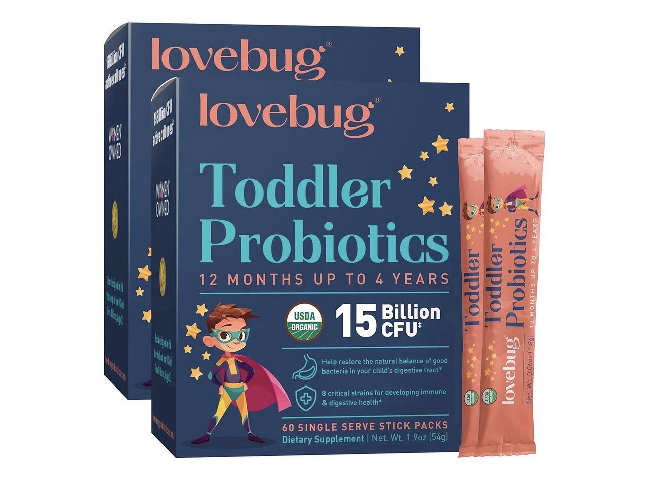 Kids Probiotic Powder 60 Pack LOVEBUG Toddler Immunity Gut Health Organic 1-4