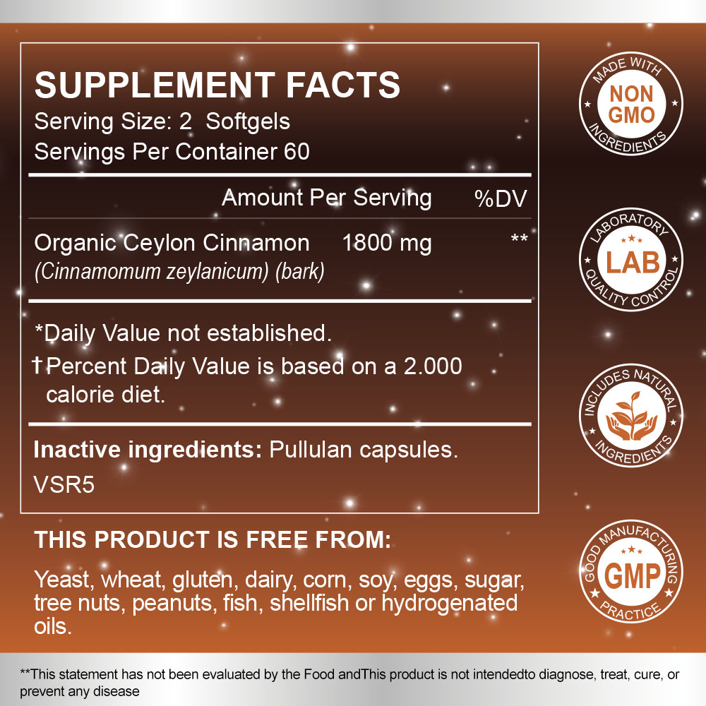 Organic Ceylon Cinnamon Capsules 1800mg Heart Health & Blood Sugar Support