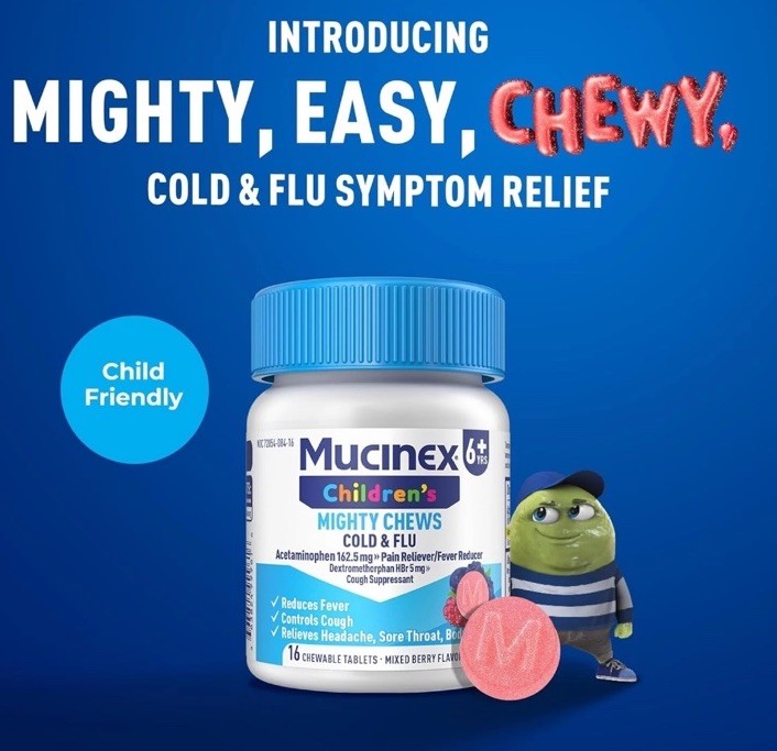 Mucinex Children’s Mighty Chews Cold & Flu Kids Cough Medicine 16ct
