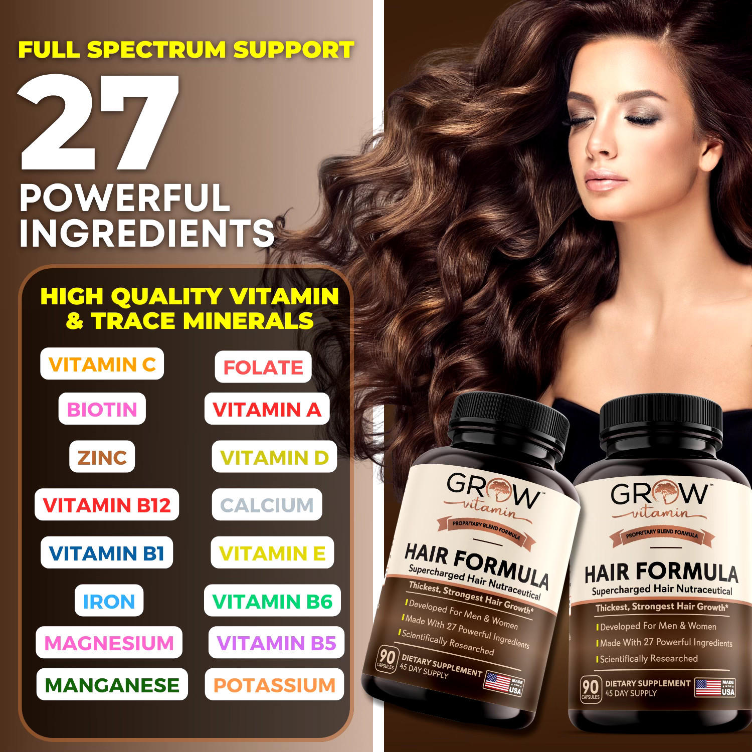 Grow Vitamin Hairfluence 90 Caps Premium Hair Growth Formula