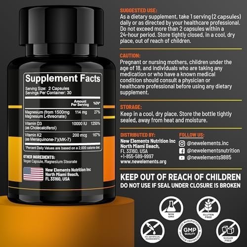Elements Magnesium L-Threonate 1500Mg With Vitamin D3 10,000 Iu & K2 Mk-7 – Brai