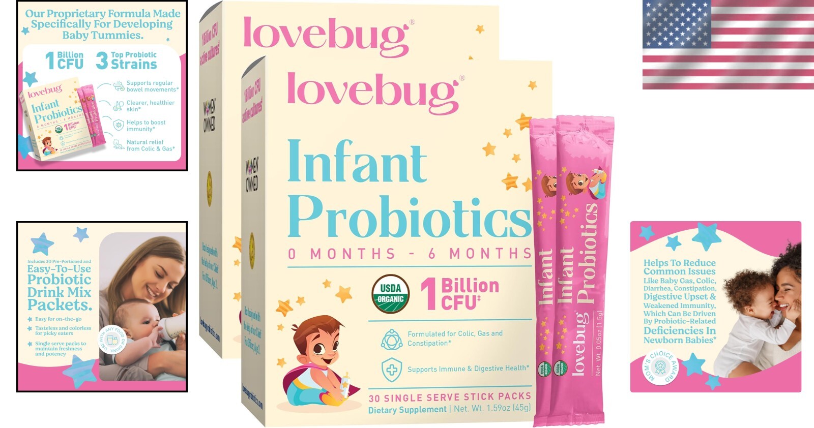Digestive Health Probiotics for Babies – 60 Sugar-Free & Tasteless Stick Packs