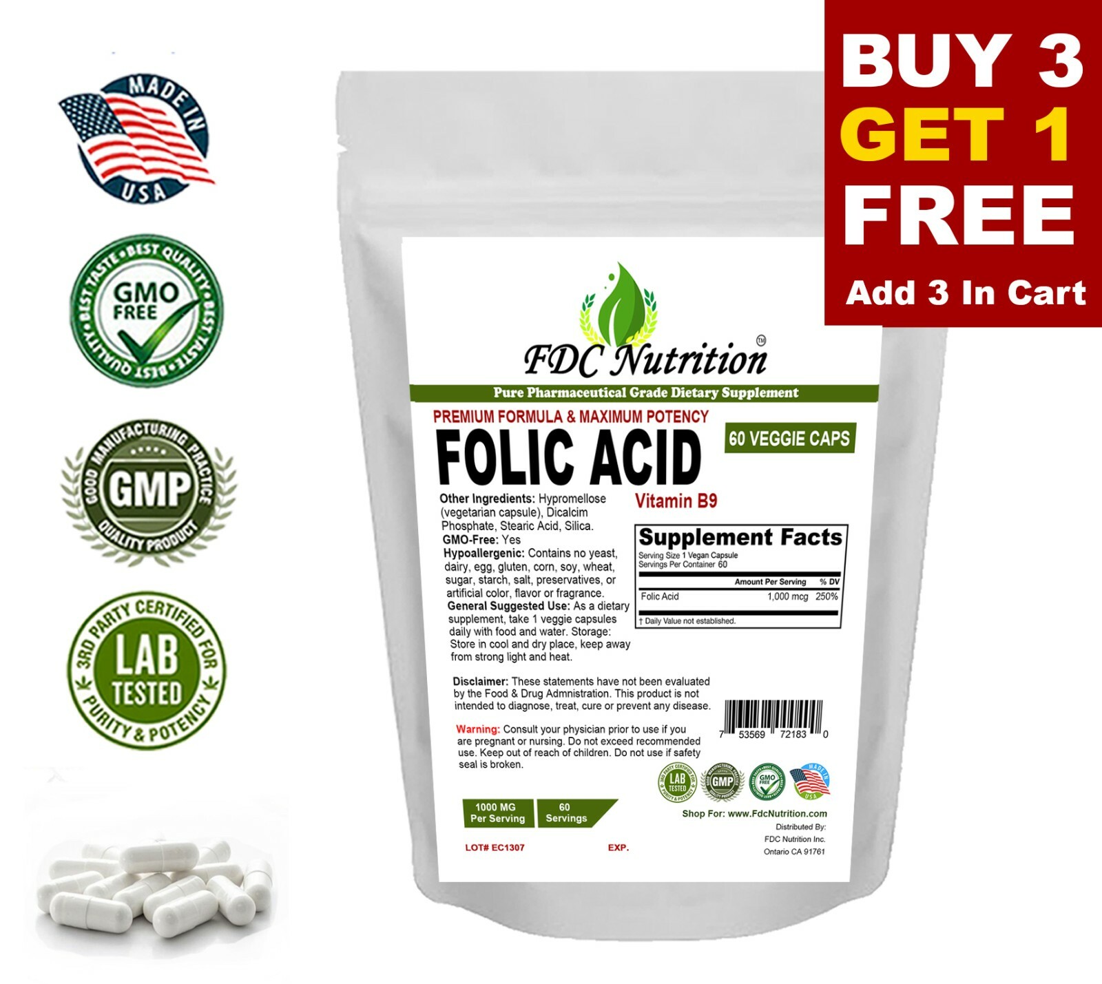 Folic Acid (Vitamin B9) 1000 mg, 60Cap – Gluten Free&Non-GMO [BUY 3 GET 1 FREE]