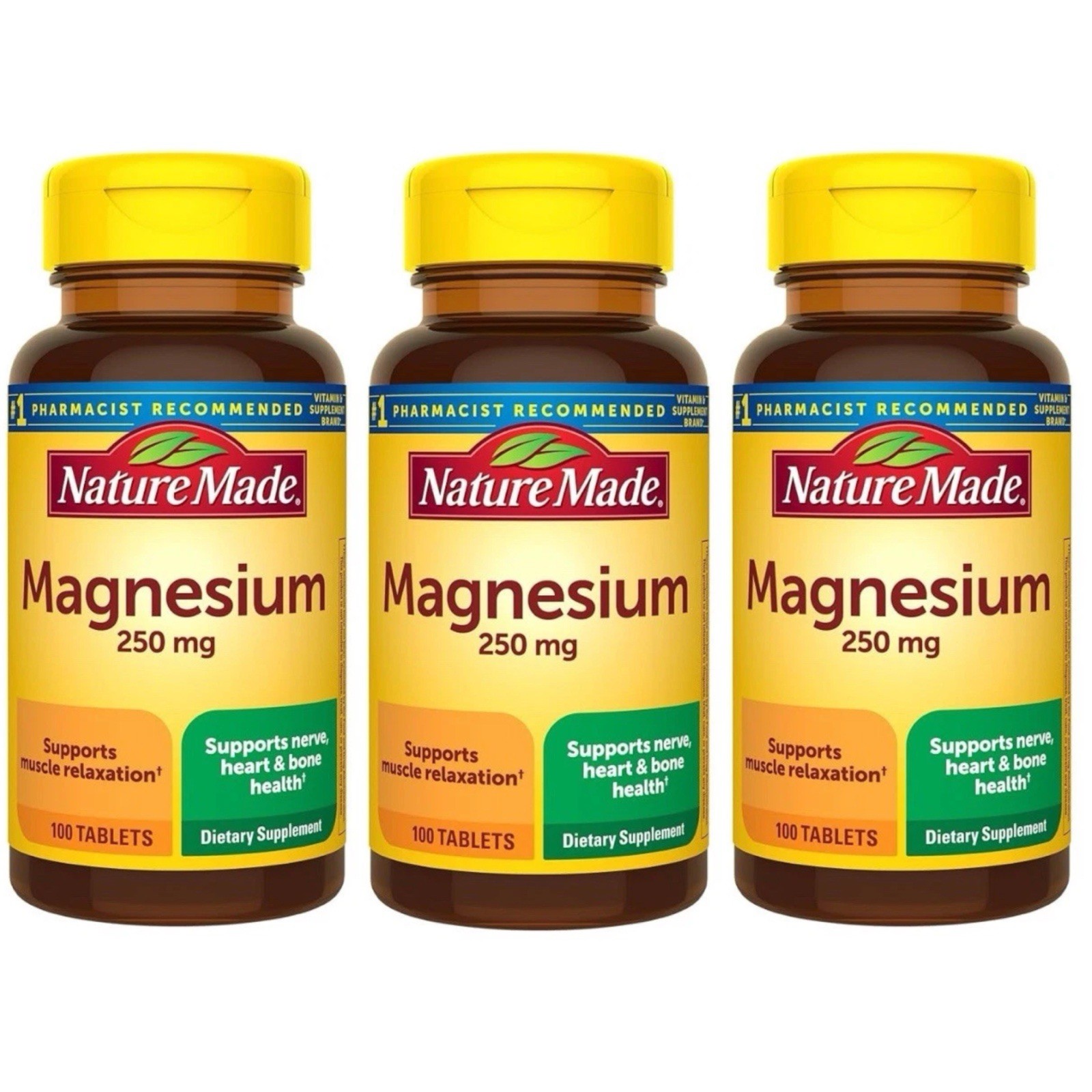 3pk Nature Made Magnesium 250 mg Supplement, Nerve, Heart, Bone Health, 100ct