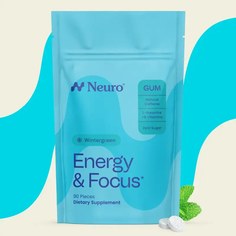 Neuro Wintergreen Energy Focus Gum 90 Pieces Sugar Free Vegan Natural Caffeine
