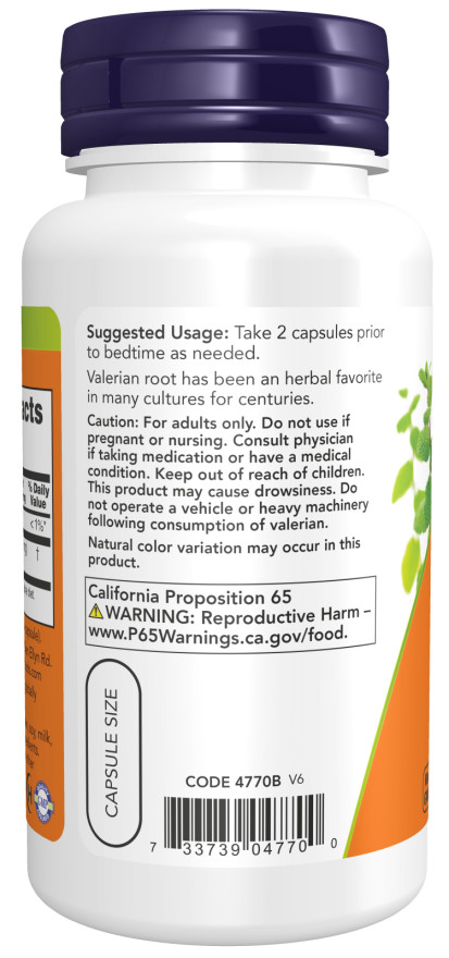 NOW Foods Valerian Root 500 mg 250 Veg Caps 06/2028 Exp.