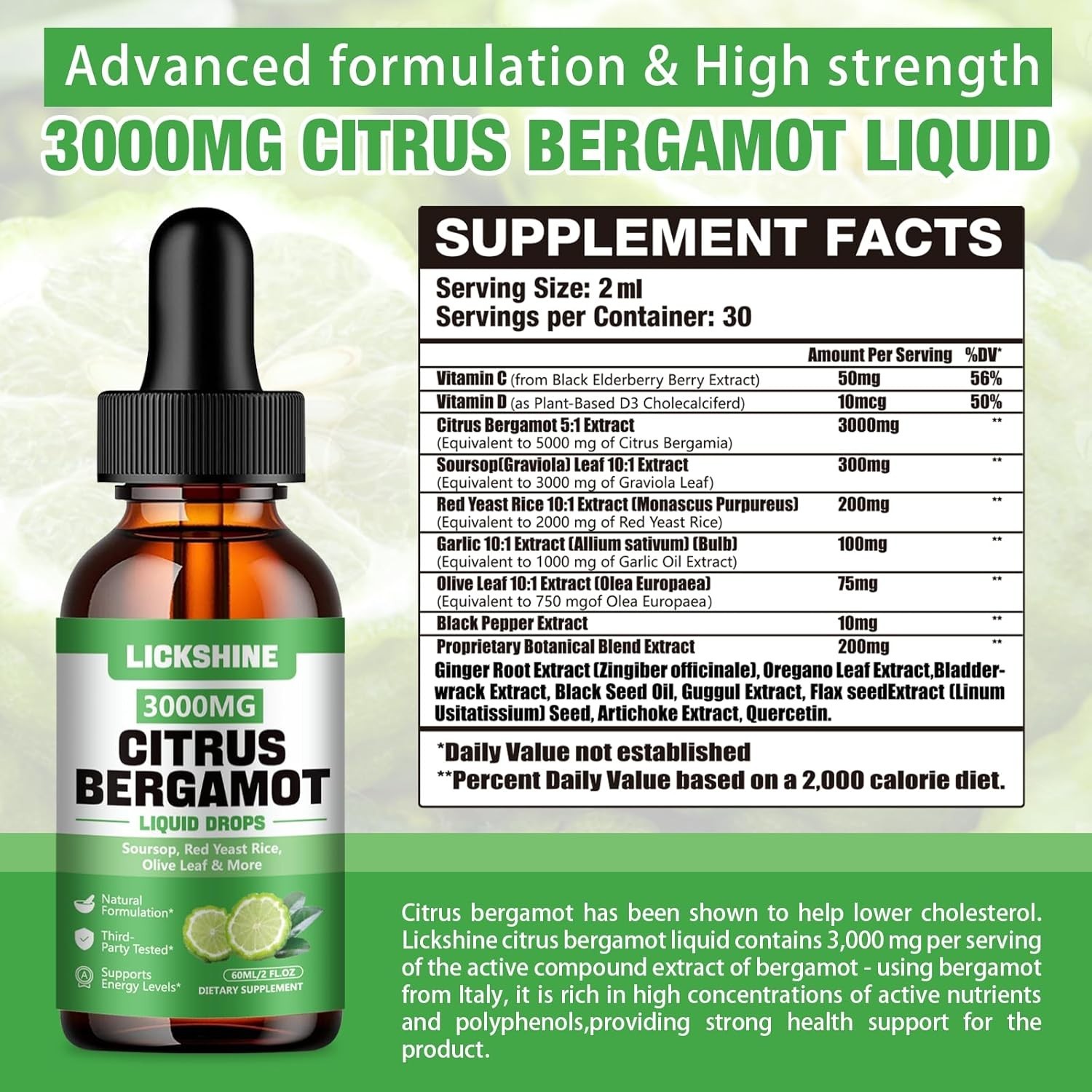 2 Pack 3000mg Citrus Bergamot Liquid Drops – High Absorption – Cholesterol Lo…