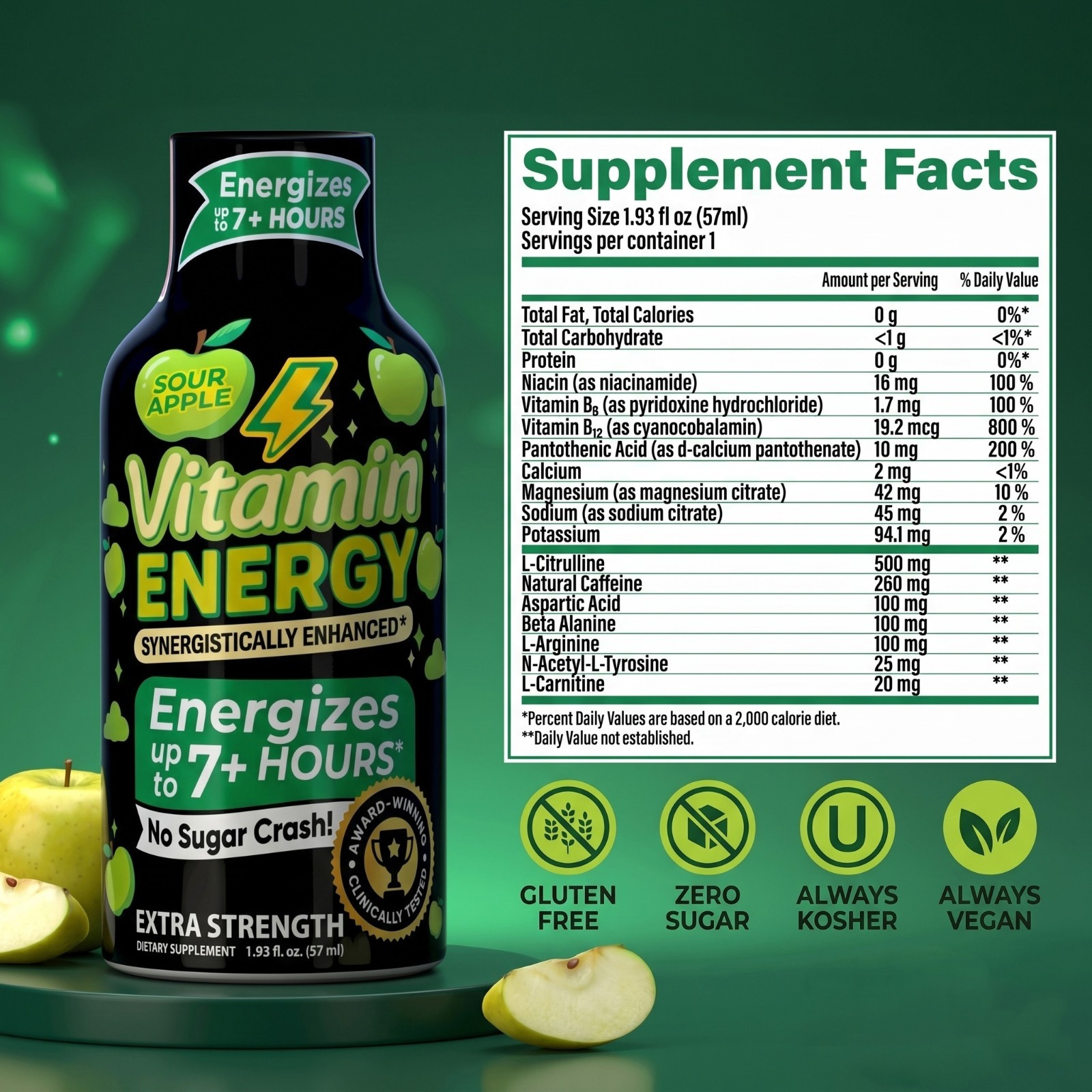 (48 Pack) Vitamin Energy® Workout+ Sour Apple Energy Shots, Clinically Proven