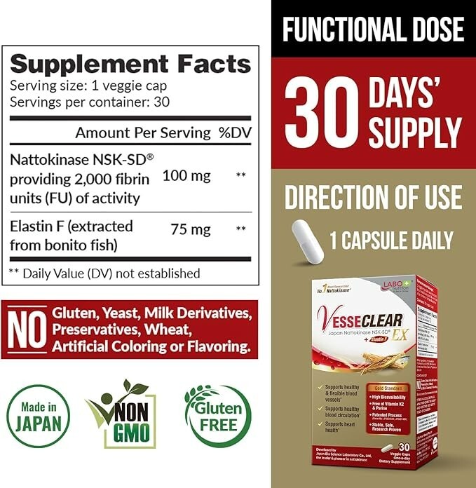 LABO Nutrition VesseCLEAR EX: Nattokinase NSK-SD+Elastin 30 Count (Pack of 3)