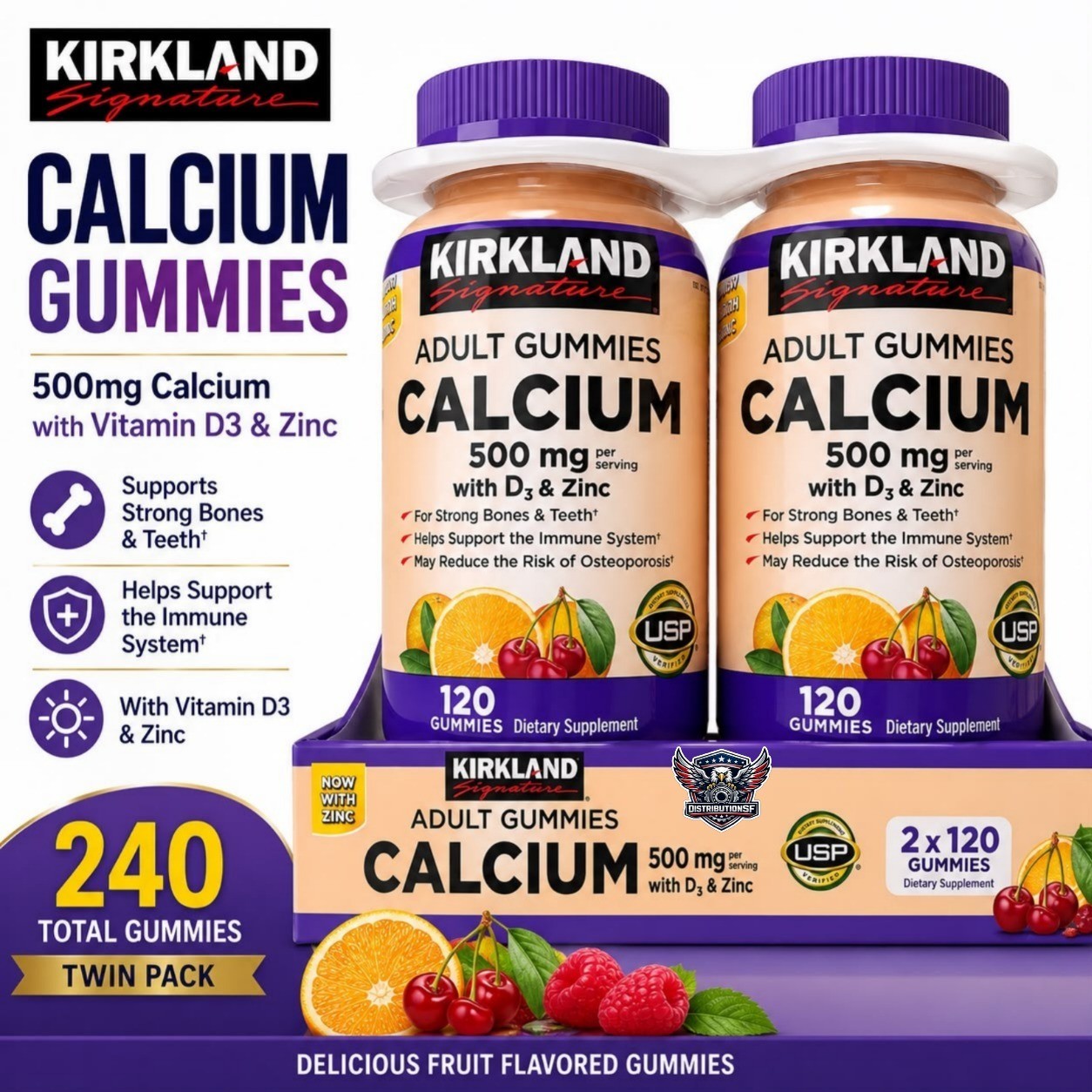 Kirkland Signature Calcium Gummies 500mg D3 Zinc 2×120 Gummies 240 Total