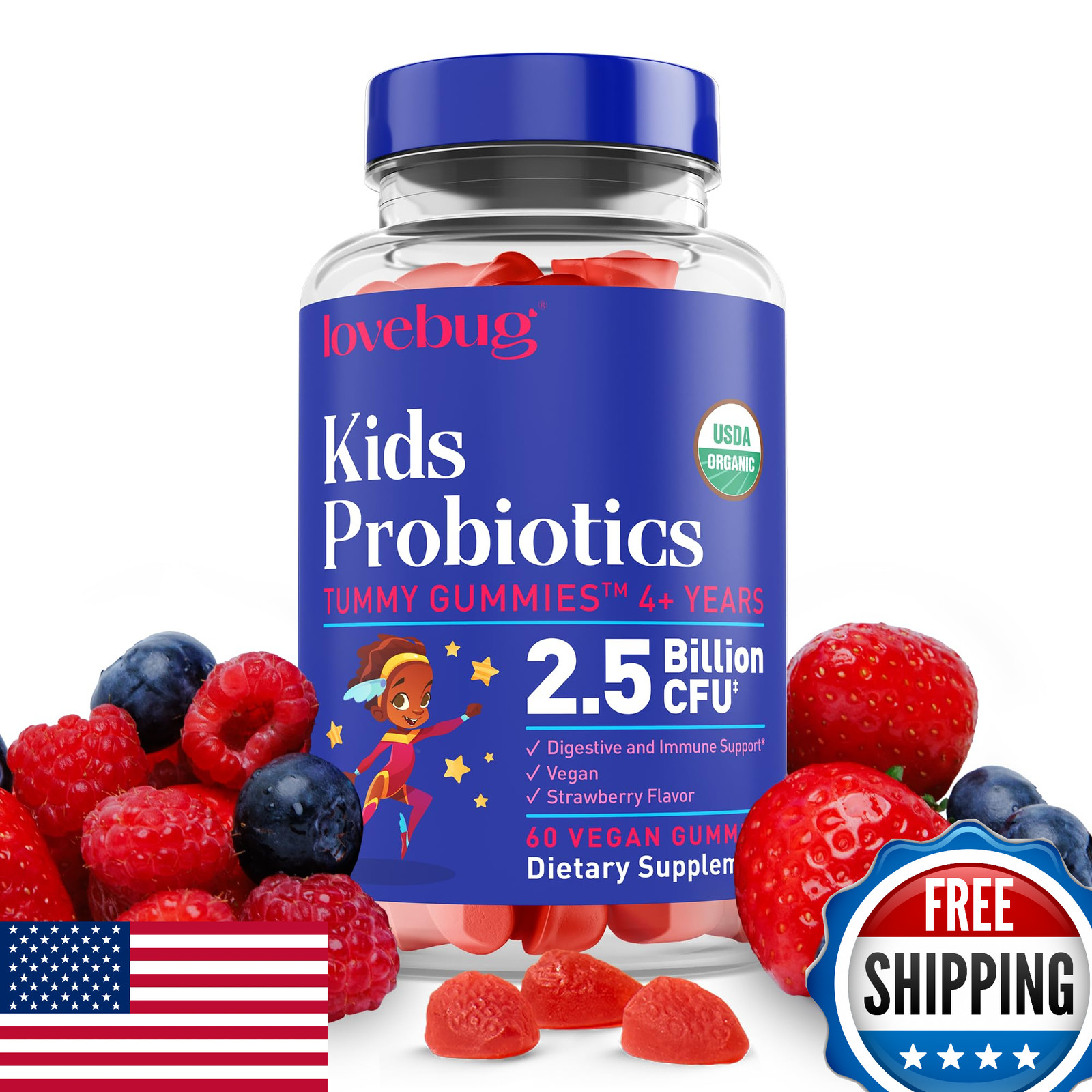 LOVEBUG Kids Organic Probiotic Gummies 4+ Immunity Digestion Support