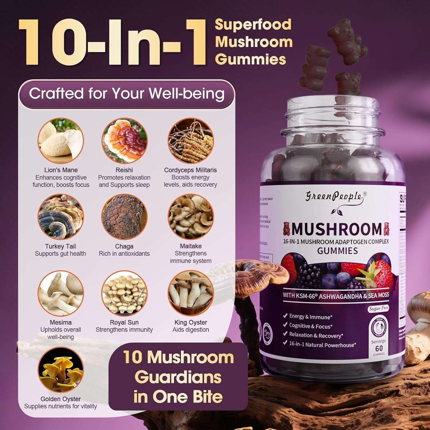 GREENPEOPLE (2-PACK) Mushroom Gummies w/Ashwagandha, Lions Mane, Cordyceps Chaga