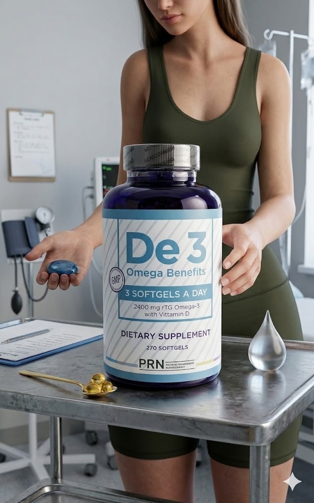 PRN De3 Omega Benefits 2400mg rTG Omega-3 Vitamin D 270 Softgels Eye Health Supp