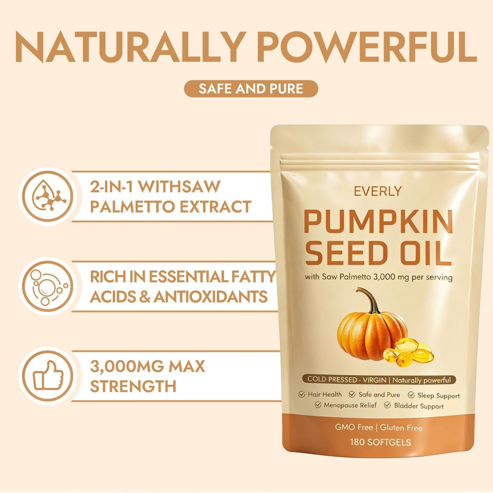 Pumpkin Seed Oil 3000mg Softgels | Cold Pressed Virgin | Saw Palmetto | 180Count