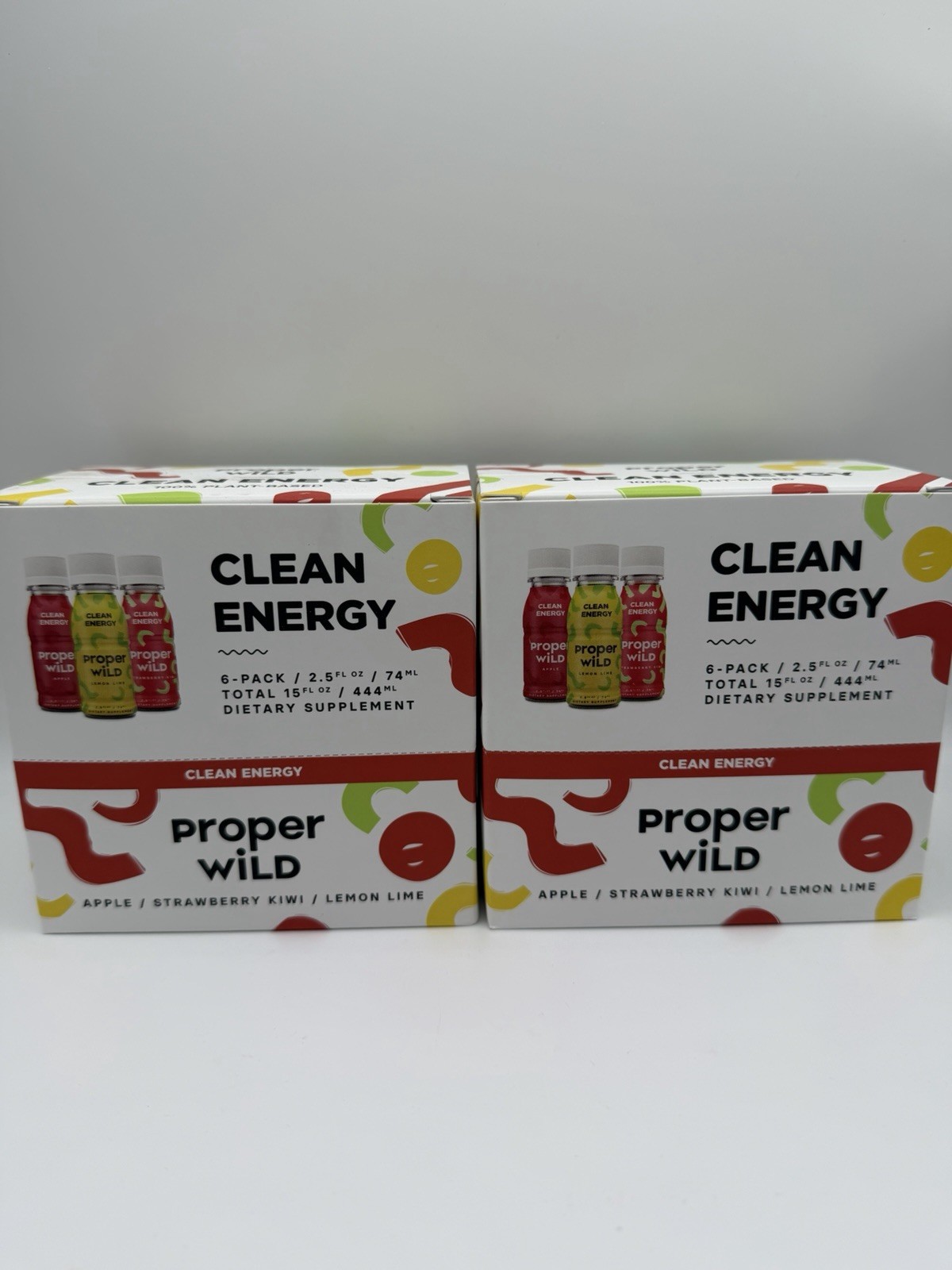 2 PACKS Proper Wild Energy Shots 6 Packs/2.5 oz Strawberry Kiwi, Apple, Lem Lime
