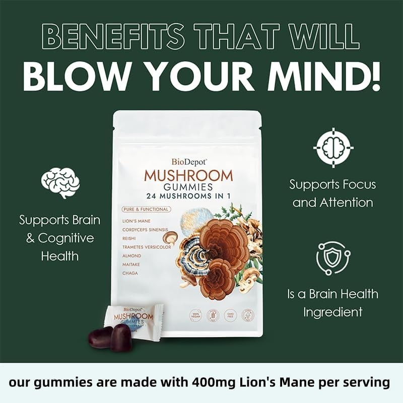 BioDepot 24-in-1 Nootropic Mushroom Gummies – Memory, Focus, Energy & Mood 60ct.
