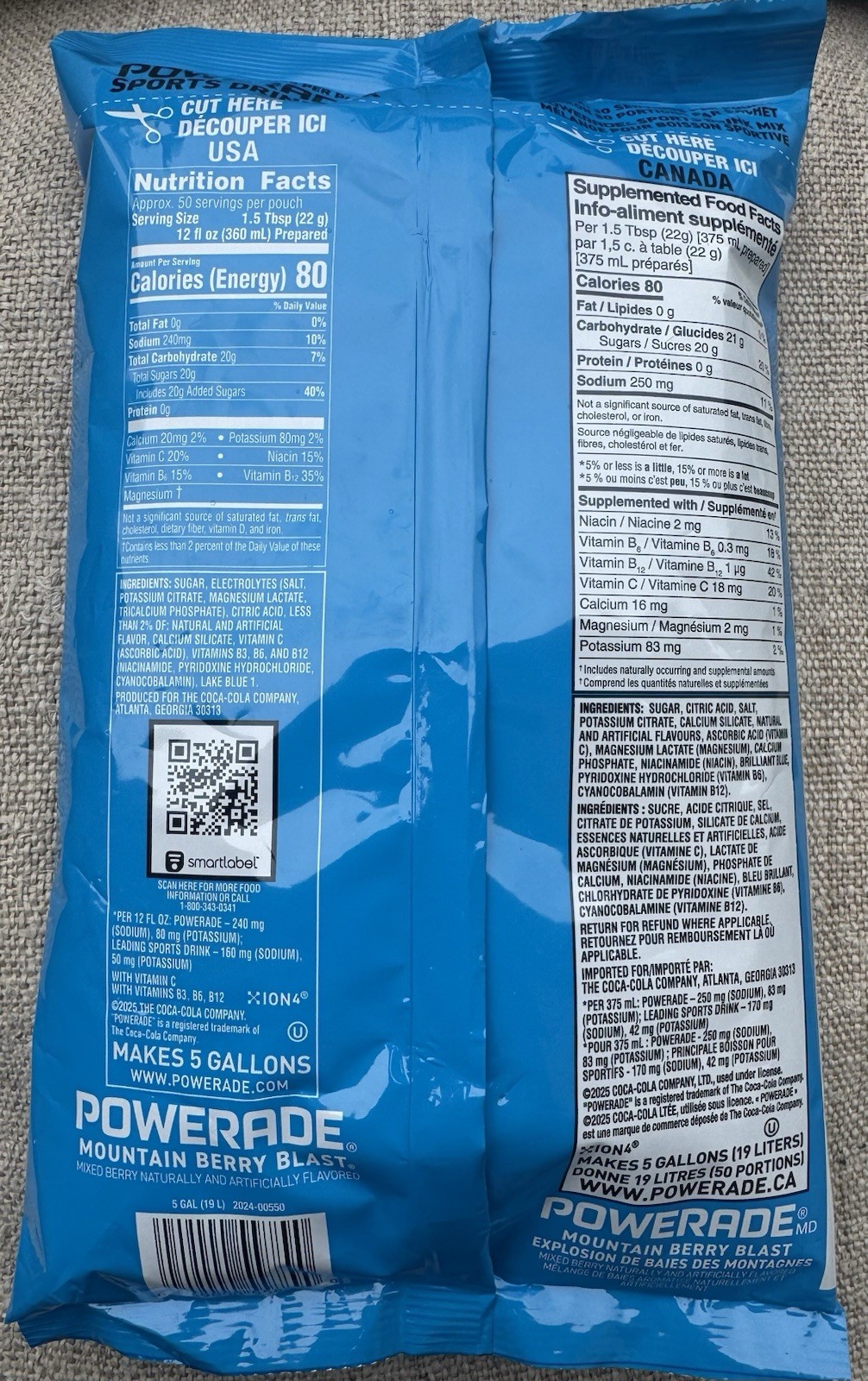 POWERADE 10 GALLON ION4 MOUNTAIN BERRY BLAST ELECTROLYTE SPORTS DRINK MIX! 2 X 5