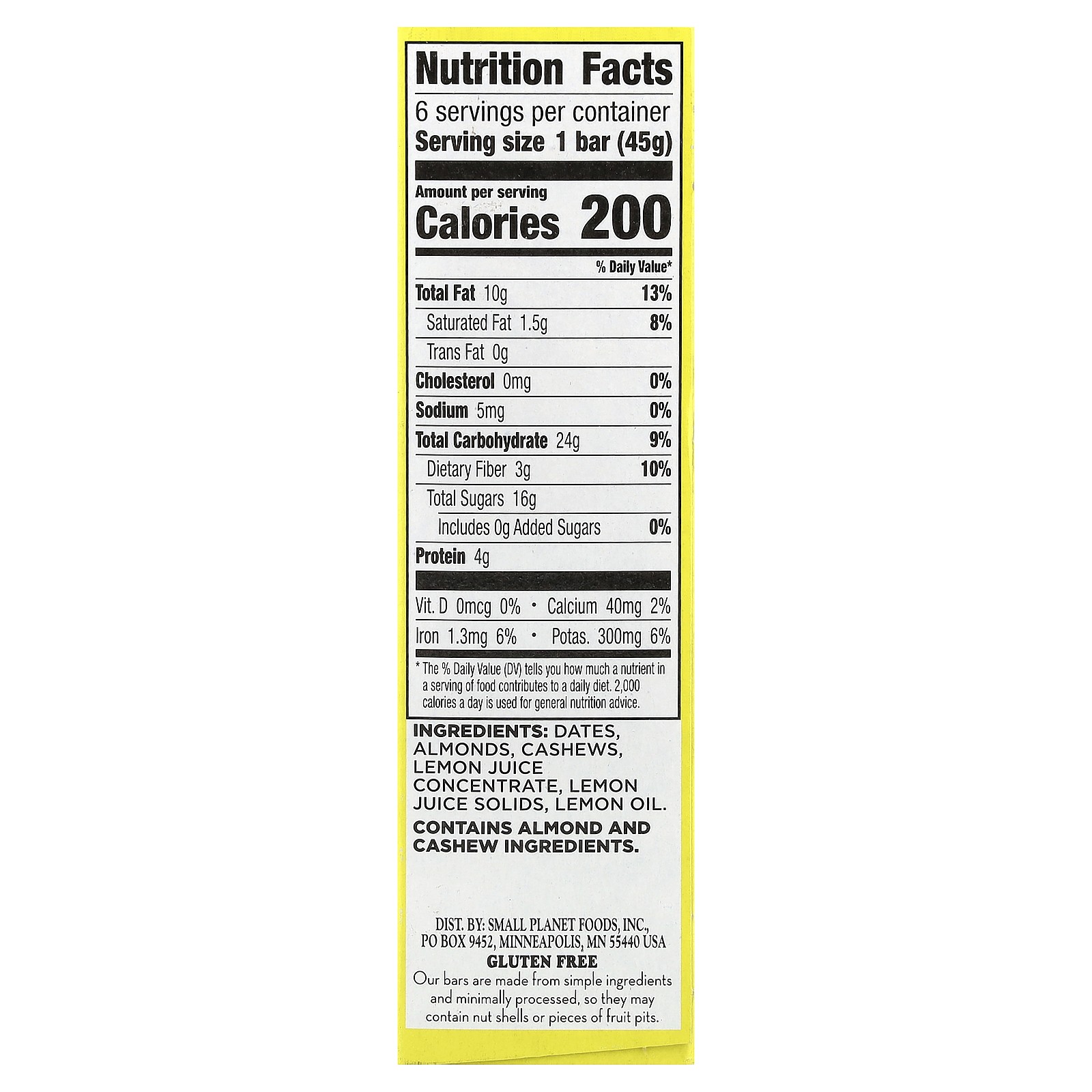 The Original Real Fruit & Nut Bar, Lemon, 6 Bars, 1.6 oz (45 g) Each